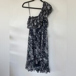 NWT Lulus Black Floral Print Ruffled One Shoulder Midi Dress (Small)